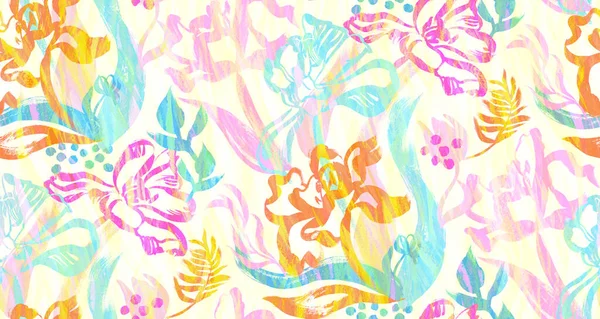 Elbise tekstili için soyut lale çiçekleriyle çok renkli yaz kızsı desenleri. — Stok fotoğraf