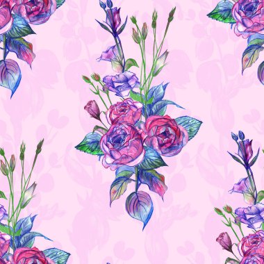 Bir buket gül ve suluboya ile çizilmiş östoma ile kusursuz desen