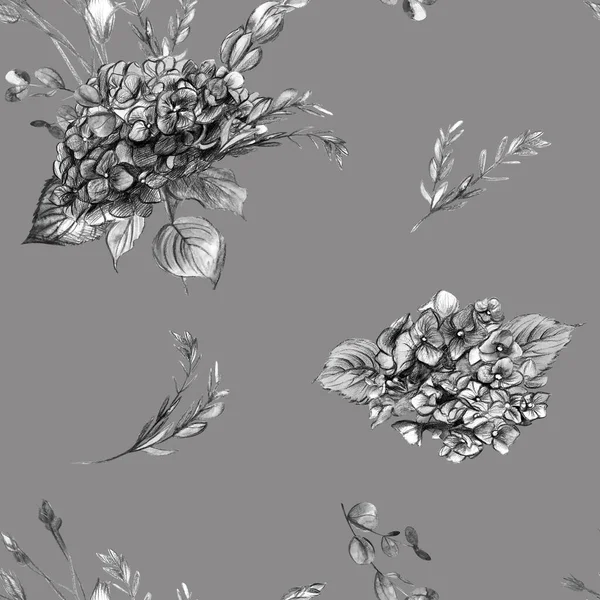 Suluboya ile çizilmiş siyah ve beyaz ortanca çiçekleriyle klasik desen — Stok fotoğraf