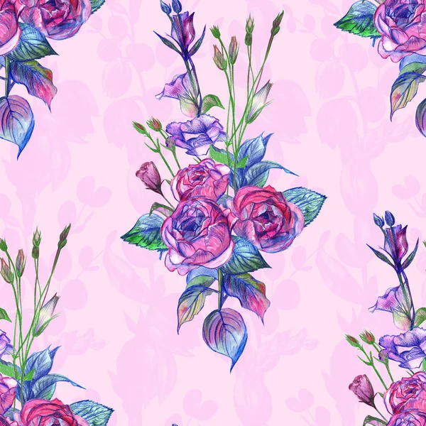 Seamless pattern with a bouquet of roses and eustoma drawn in watercolor — Stock Photo, Image