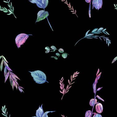 Siyah arka planda okaliptüs yaprakları ve filizleri olan kusursuz bir desen.