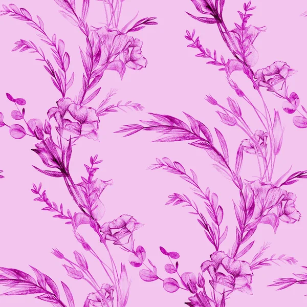 Patrón sin costura botánico rosa con flores de eustoma dibujadas a lápiz —  Fotos de Stock
