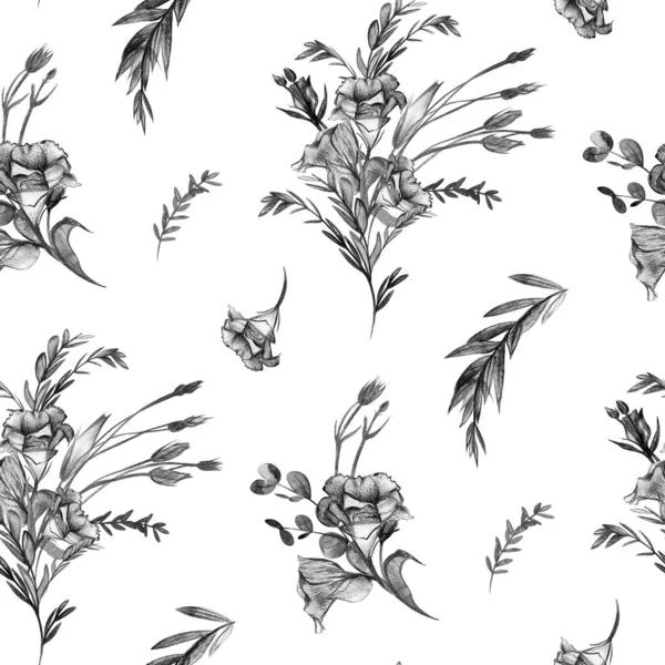 Βοτανικό μοτίβο με άνθη ευστώματος ζωγραφισμένα με ένα απλό μολύβι σε λευκό φόντο — Φωτογραφία Αρχείου