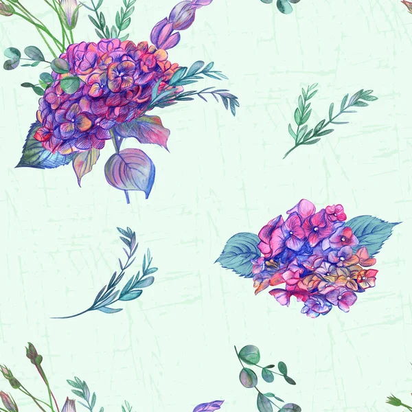 Patrón botánico sin costuras con flores de hortensias rosadas dibujadas en acuarela —  Fotos de Stock