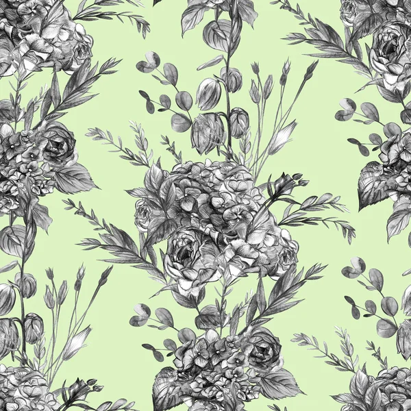 Seamless pattern with a botanical plot of roses and hydrangea and eustoma