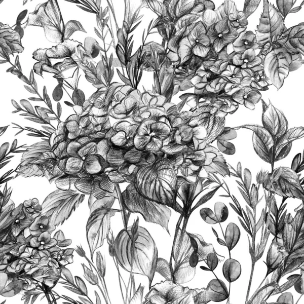 Botanisch textielpatroon zwart-wit print met hortensia — Stockfoto