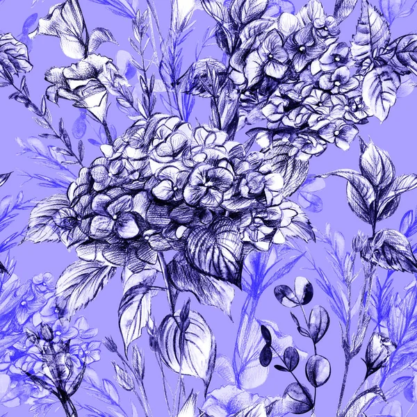 Bukett med lila hortensia blommor och knoppar dras med akvarell och penna — Stockfoto