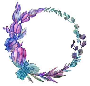 Yuvarlak çerçeve, kartlar için çiçekler ve Yucca filizleri.