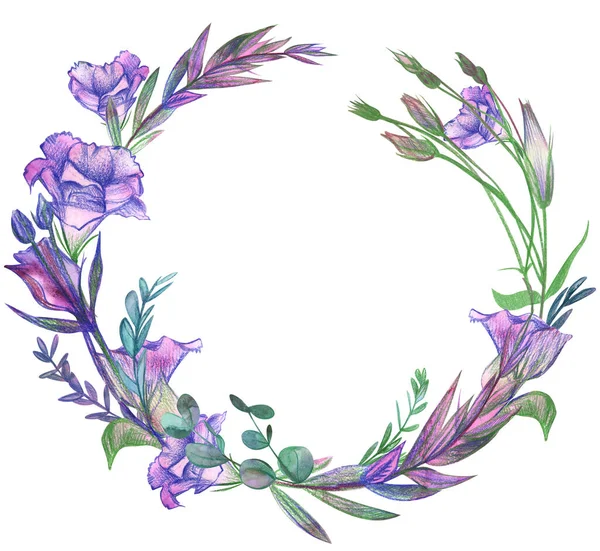 Marco redondo acuarela con flores y ramitas de eustoma lila y eucalipto —  Fotos de Stock