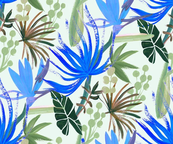 Abstract seamless pattern with blue tropical flowers and leaves painted with gouache — 图库照片