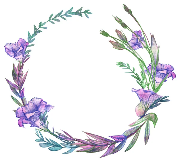 Watercolor round frame with flowers of lilac eustoma and herbs — Stockfoto