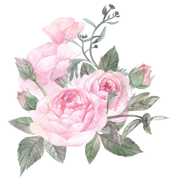 Ilustración de acuarela vintage con arreglo floral de rosas delicadas —  Fotos de Stock