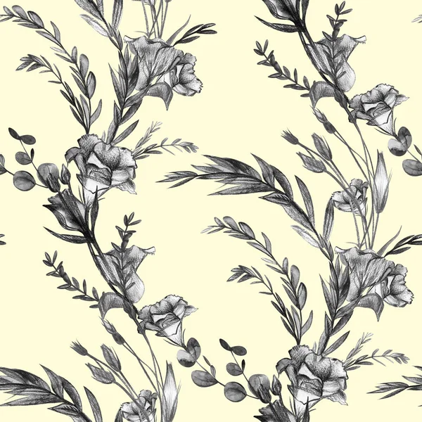 Botaniczny wzór z czarno-białych kwiatów eustoma na jasnożółtym tle — Zdjęcie stockowe