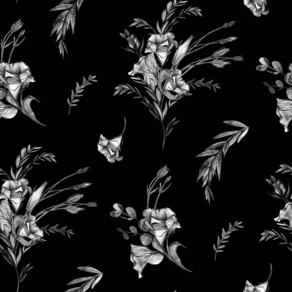 Fekete-fehér monokróm minta eustoma virágokkal, grafikus ceruzával rajzolva — Stock Fotó