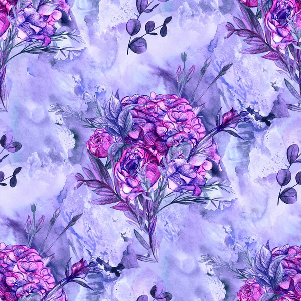 Seamless pattern with a bouquet of roses and hydrangeas on a purple background — Stockfoto