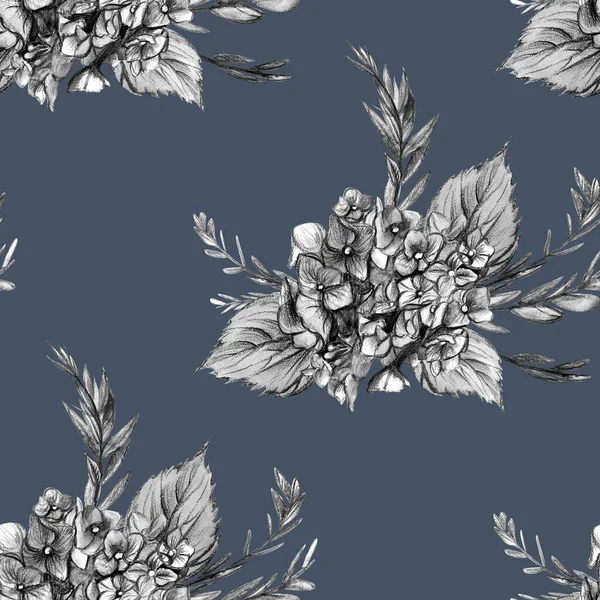 Patrón monocromo blanco y negro con hortensias sobre fondo azul dibujado —  Fotos de Stock