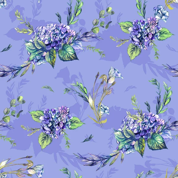 Patrón botánico de verano en tonos lila con flores de hortensias realistas pintadas —  Fotos de Stock