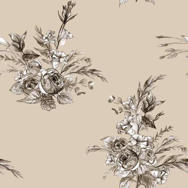 Bloemen monochroom patroon in pastel kleuren met grafisch ontwerp van vintage roos boeket — Stockfoto