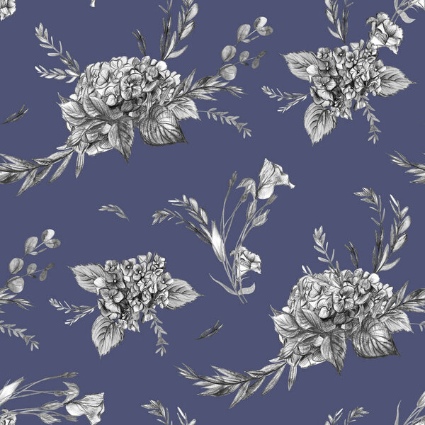 Seamless pattern with black and white hydrangea flowers and eustoma branches on a blue background