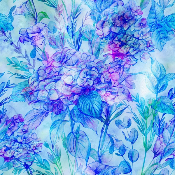 Blauw textielpatroon met hortensia bloemen op aquarelachtergrond — Stockfoto