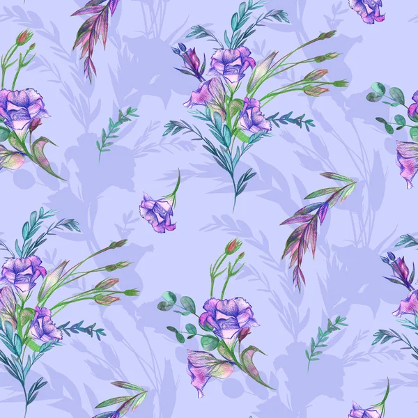 Pattern with eustoma flowers painted with watercolors and pencils on a purple background — стоковое фото