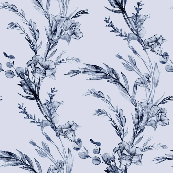 Patrón sin costura botánica con flores de eustoma dibujadas a lápiz sobre un fondo gris —  Fotos de Stock