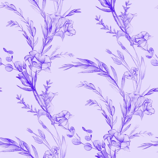 Botanical pattern with graphic eustoma flowers on a light purple background — стоковое фото