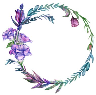 watercolor round frame with flowers and twigs of eustoma