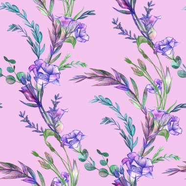 Seamless pattern with eustoma flowers drawn with watercolors and pencils on a pink background