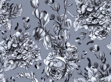 Vintage seamless monochrome floral pattern with hydrangeas and roses drawn