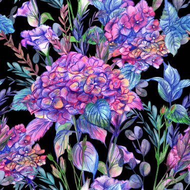 Bright seamless botanical delicate pattern with hydrangea flowers