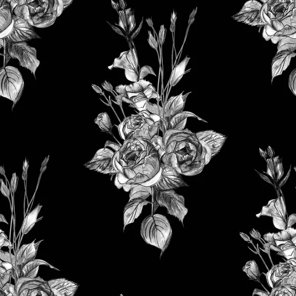 Retro Seamless pattern with a bouquet of roses and branches drawn — 图库照片