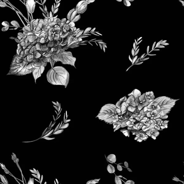 Vintage black and white seamless pattern with bouquets of hydrangea flowers — Stockfoto