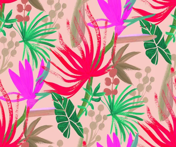 Modern abstract botanical pattern with tropical leaves and korolek strelitzia flowers — Stok fotoğraf