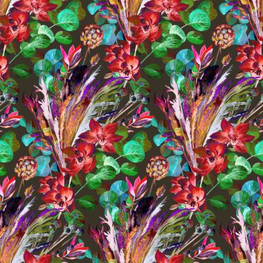 watercolor seamless pattern with dried flowers herbarium with boho style and red orchid flower on black background