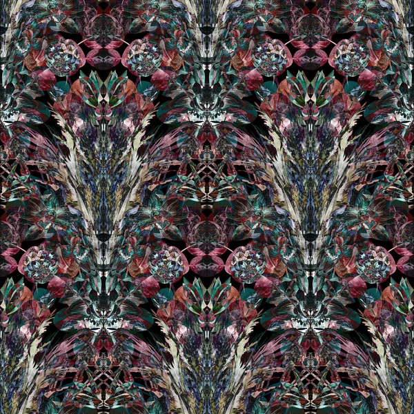 Patrón botánico multicolor abstracto con flores y hierbas sobre un fondo negro —  Fotos de Stock