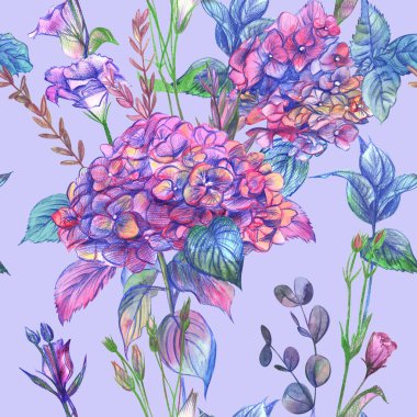 girly cute seamless pattern with pink hydrangeas drawn with watercolors and pencils on a purple background