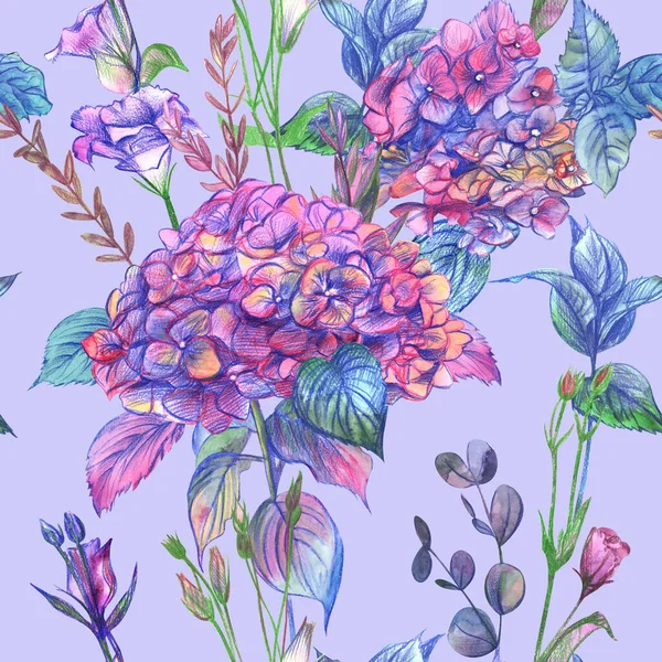 Girly cute seamless pattern with pink hydrangeas drawn with watercolors and pencils on a purple background —  Fotos de Stock