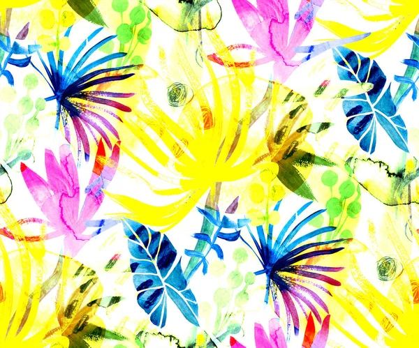 Mix of tropical silhouettes and multicolored watercolor stains for trendy fashion textiles
