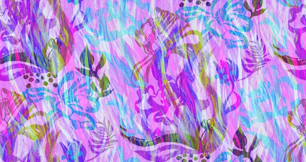 Abstract watercolor botanical pattern in pink and purple shades with vertical waves and tulip flowers — 图库照片