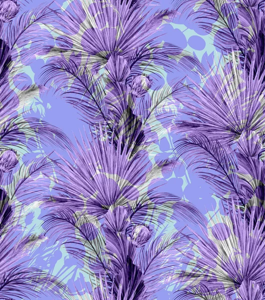 Mix of tropical silhouettes of palm leaves and protea flowers in purple and gray shades — Stockfoto