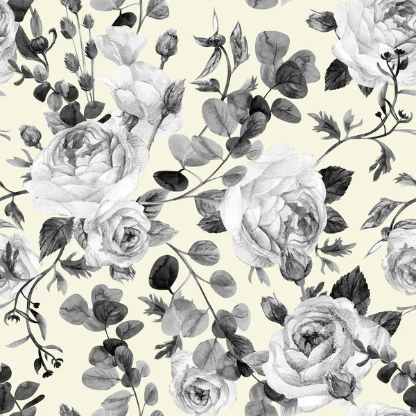 Retro black and white watercolor botanical pattern with bouquets of roses — Foto Stock