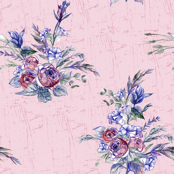 Vintage botanical pattern with rose and eustoma flowers painted with watercolor — Zdjęcie stockowe