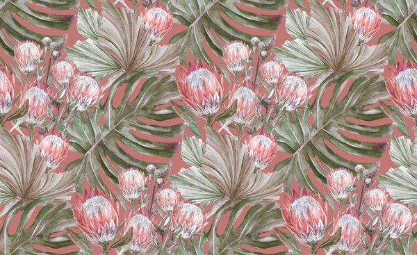 Boho Seamless watercolor pattern with herbarium and dried protea flowers