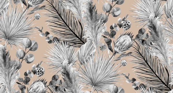 Seamless black and white pattern with tropical dried flowers and pampas grass on a beige background