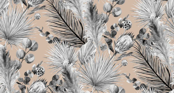 Motif noir et blanc sans couture avec des fleurs séchées tropicales et de l'herbe de pampa sur fond beige — Photo
