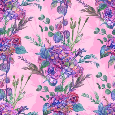 Seamless botanical pattern with a bouquet of hydrangeas and roses with various branches
