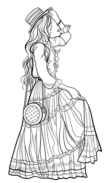 Black and white graphic drawing of a girl in full growth in profile in a long dress — Stock vektor