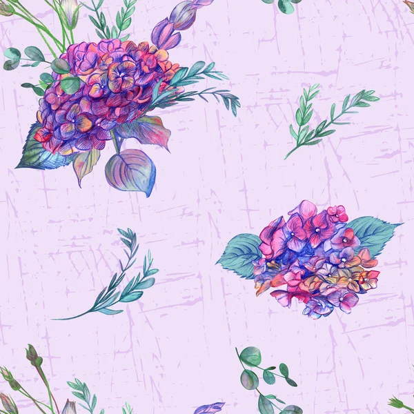 Pattern with pink hydrangea flowers drawn in watercolor in vintage style on a light purple background —  Fotos de Stock