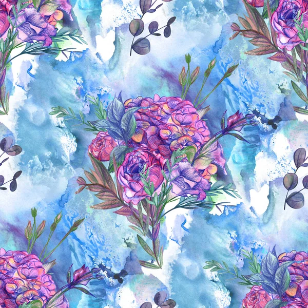 Botaniskt mönster med vintage bukett rosor målade med akvarell och penna på en blå akvarell bakgrund — Stockfoto